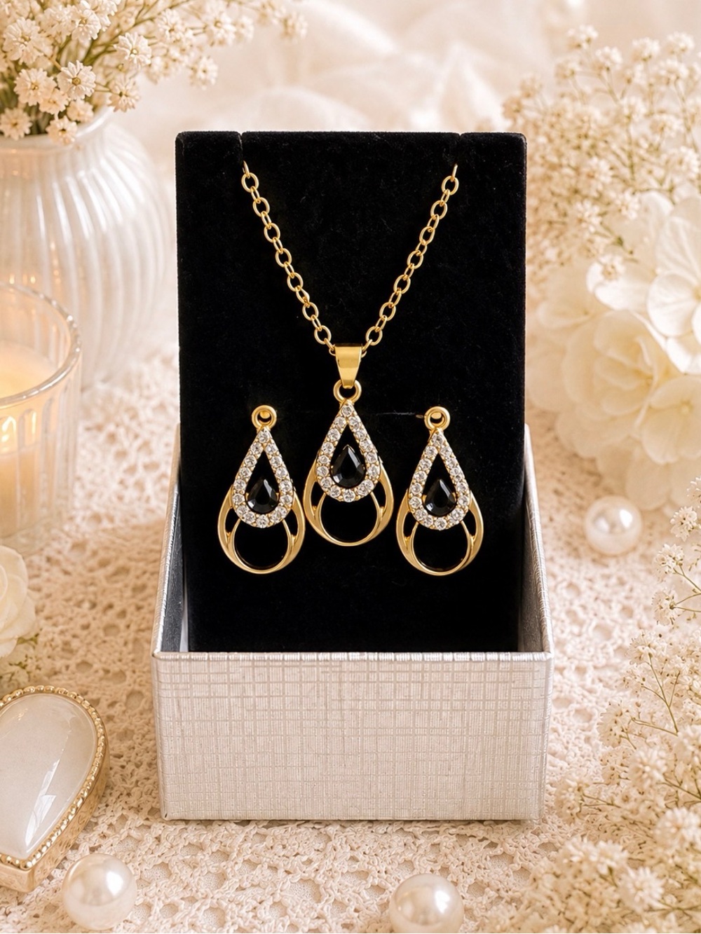 Gold-Tone Teardrop Necklace & Earring Set with Clear Stones-NWOT